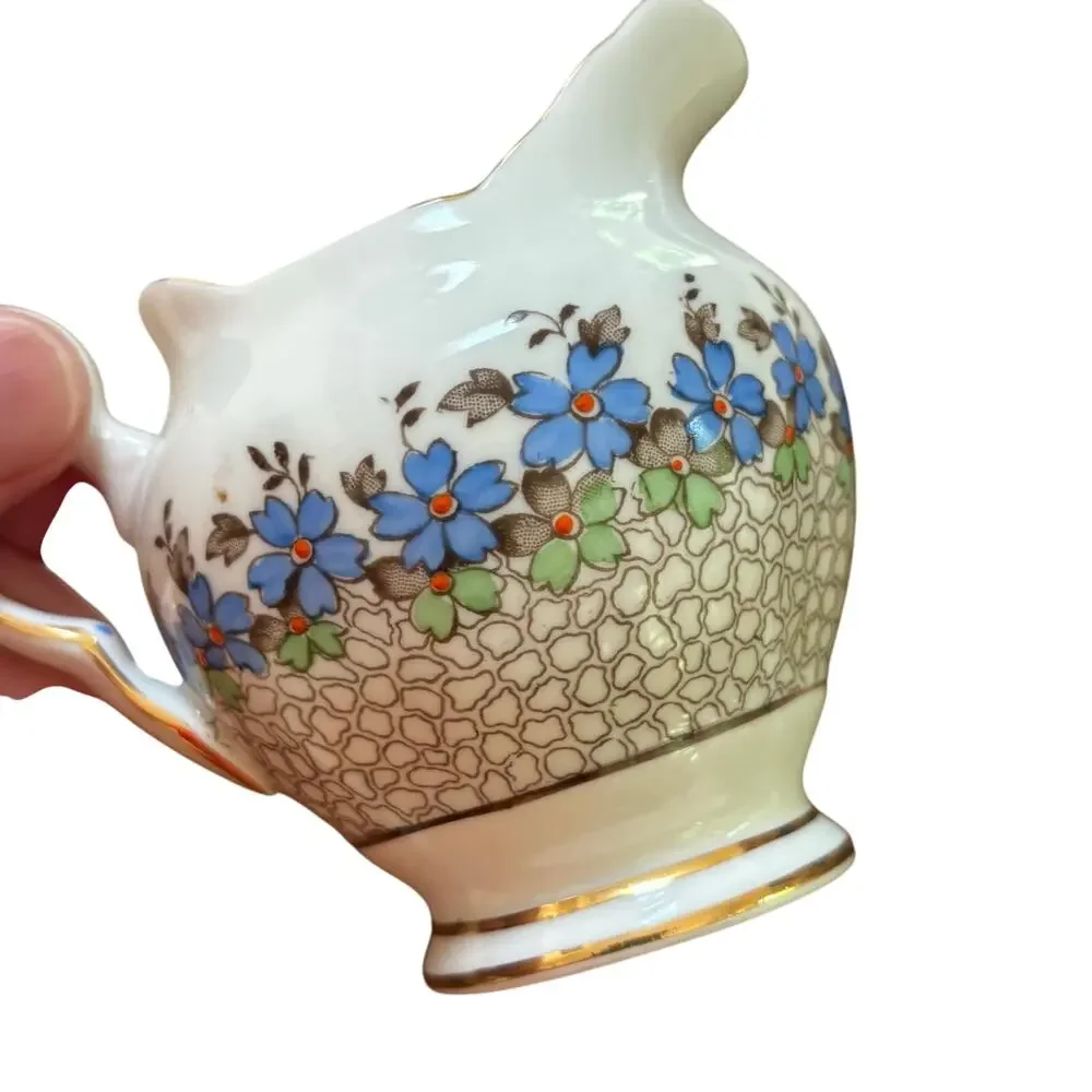 Vintage Tuscan bone china creamer & sugar bowl set blue green floral gold trim